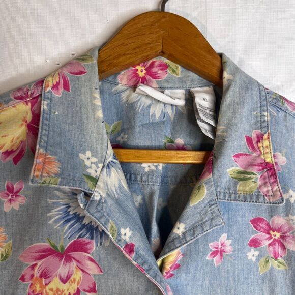 Liz Claiborne Floral Denim Shirt 100% Cotton Cottage Core Boho Size XL Button Up - Picture 3 of 9
